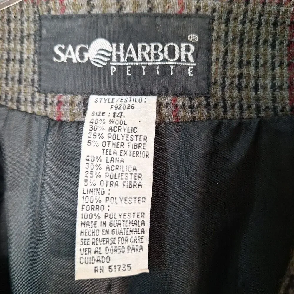 Vintage Sag Harbor Gray Green Plaid Wool Blnd Blazer Women Size 14P Petite - Picture 8 of 9